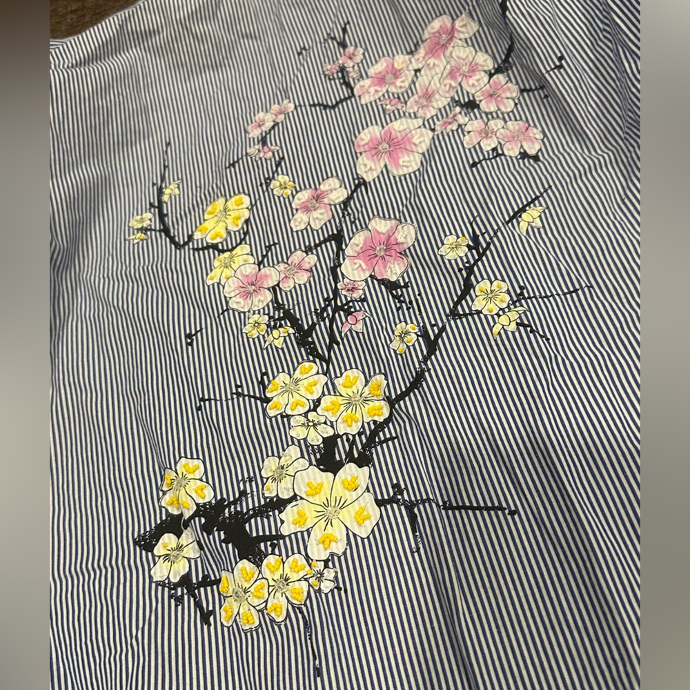 EUC! Zara Basic Demin XL Floral Embroudery Striped Blue Blouse - Picture 2 of 4